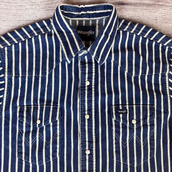 Vintage 1990s Wrangler Brushpopper Pinstripe Denim Pearl Snap Shirt - Picture 5 of 8
